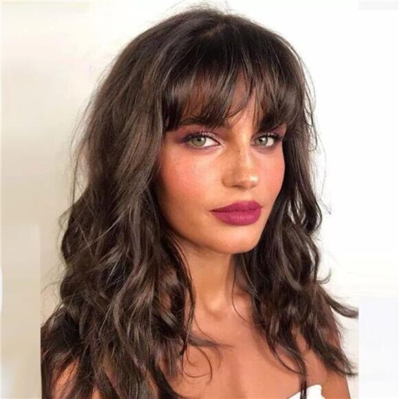 Womens Wigs With Bangs, Dark Brown - Picture 2 of 7